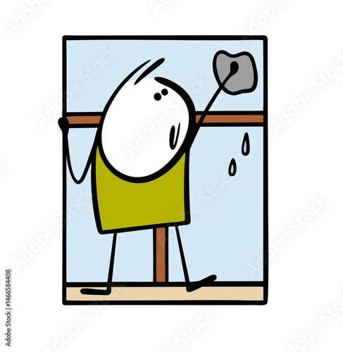 Vector illustration of a worker washing  window. Funny stickman cleans glass with a rag and soap. Beauty in the house, comfort.