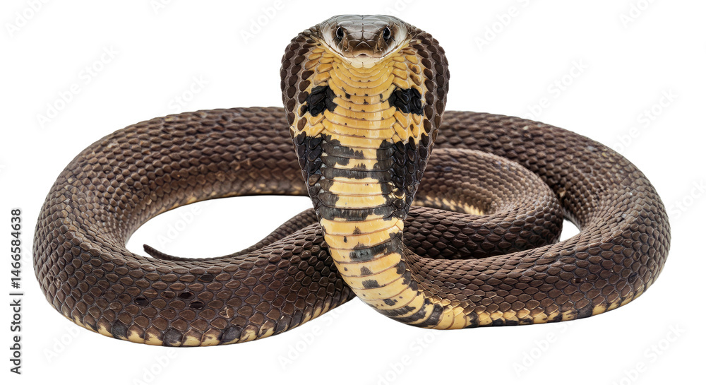 Fototapeta premium Dangerous venomous snake in a threatening defensive pose, its hood fully expanded and sharp fangs clearly visible. Full body isolated on a white background.
