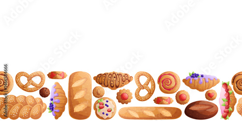Horizontal seamless banner with delicious pastries on a white background. The concept of a pastry shop, bakery, and cooking. Vector illustrations for posters, banners, flyers and covers