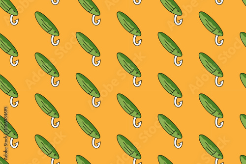 tackle with hook fishing gear colorful seamless pattern on yellow background. spinner with fish shape doodle pattern background. lure bait pattern wallpaper for fisherman, angling, fishing merchandise