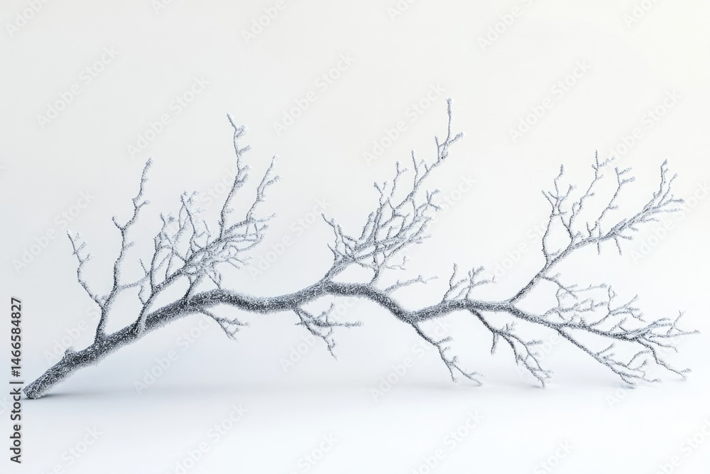 Frost-covered branch isolated on white background, winter scene, minimalist aesthetic. Frost-covered branch isolated on white background, winter scene, minimalist aesthetic.
