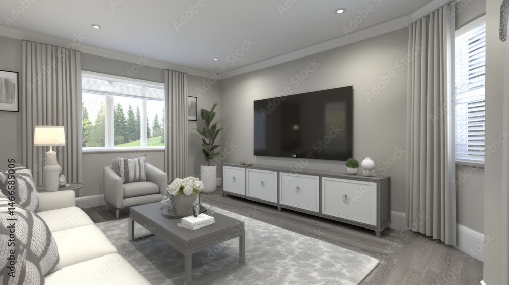 A contemporary living room featuring a sleek media console, a large flat-screen TV, and minimalist decor, designed for entertainment and comfort A contemporary living room featuring a sleek media console, a large flat-screen TV, and minimalist decor, designed for entertainment and comfort