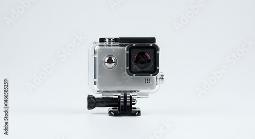 Action Camera in Protective Housing on White Background