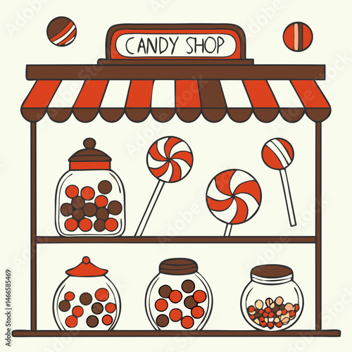 Candy shop display with colorful sweets in a playful style  