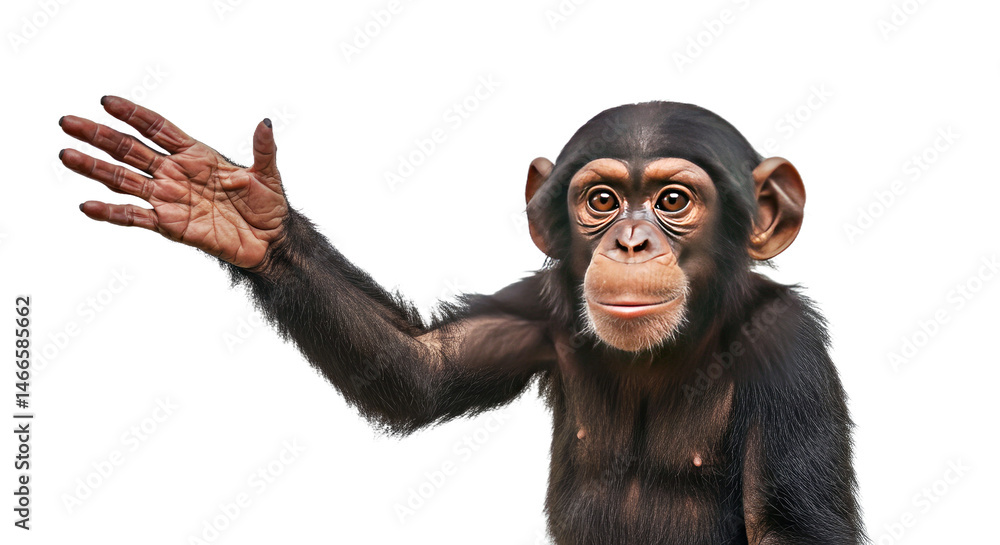 Playful young chimpanzee standing and inquisitively reaching out with one hand, exhibiting a charming and engaging posture. Isolated on a clean white background. Playful young chimpanzee standing and inquisitively reaching out with one hand, exhibiting a charming and engaging posture. Isolated on a clean white background.