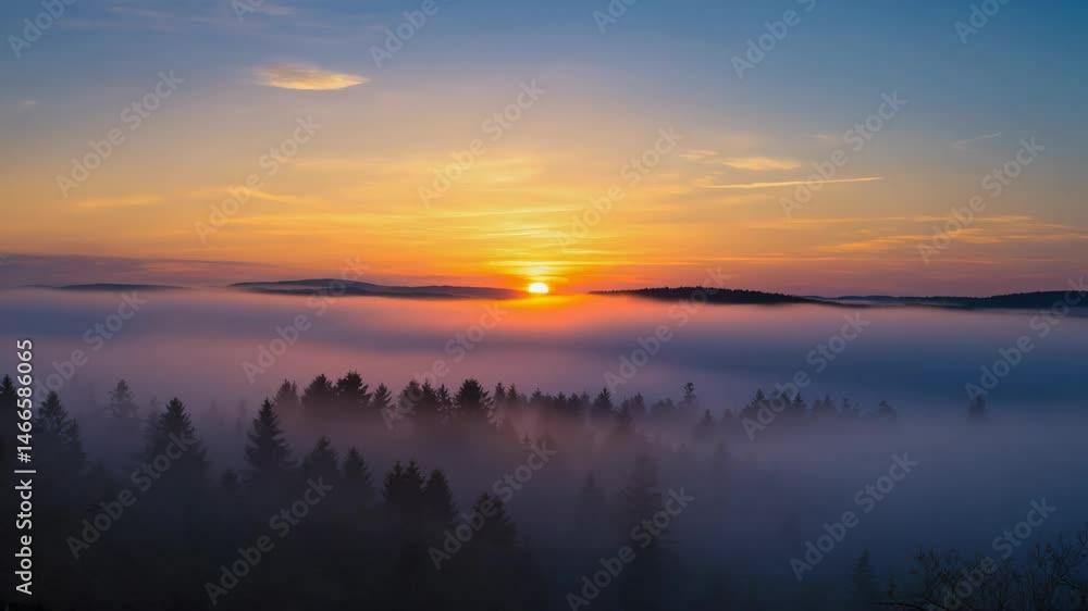 Sunrise over foggy landscape with trees Sunrise over foggy landscape with trees