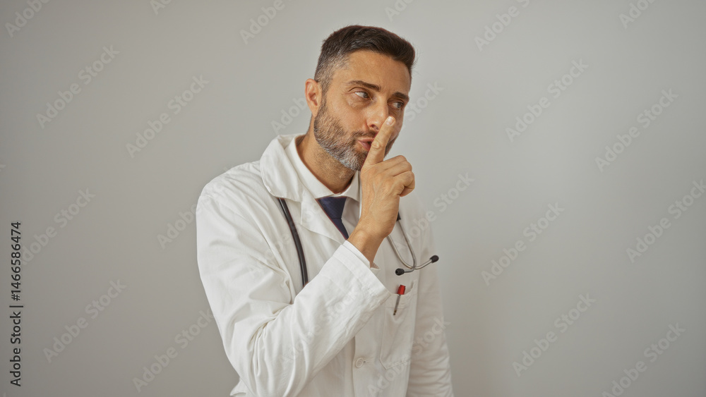 Young man with stethoscope gestures for silence on white background portraying a doctor in a professional setting. Young man with stethoscope gestures for silence on white background portraying a doctor in a professional setting.