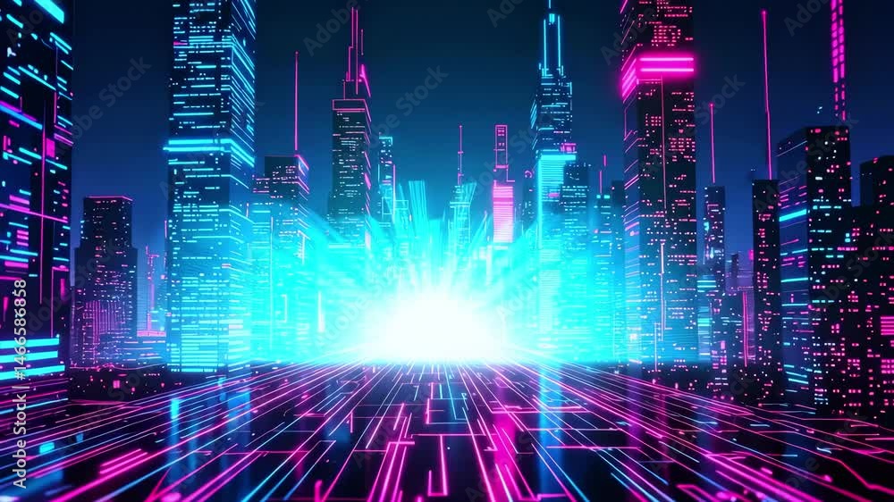 Loop animation of a neon digital city with glowing blue and pink buildings and a central light burst. Ideal for themes of AI, cyber technology, future networks, metaverse, and smart cities.
