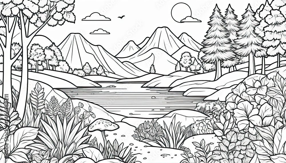 Fototapeta premium Monochrome Landscape Drawing of Mountains and Lake