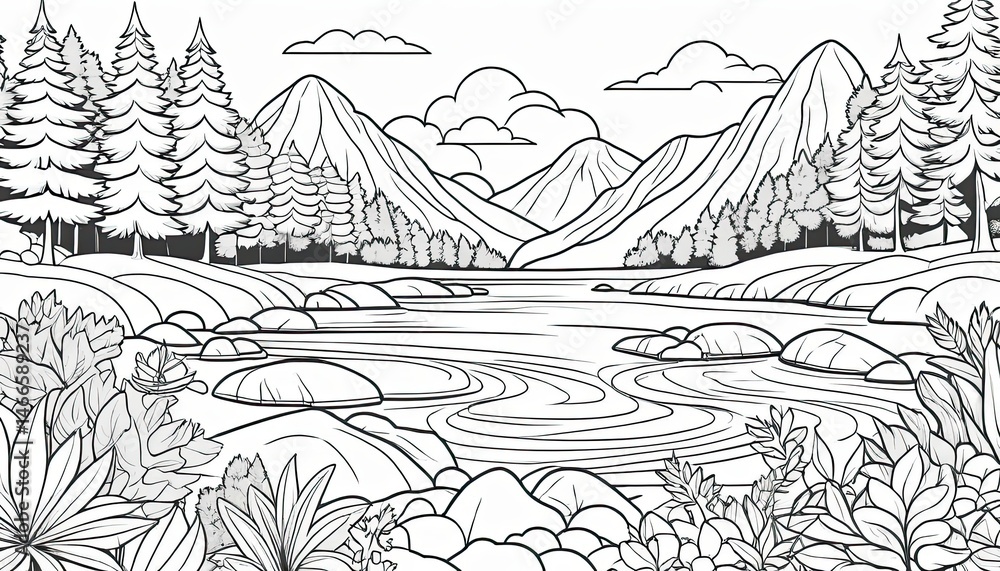 Fototapeta premium Peaceful Mountain Lake Landscape Drawing