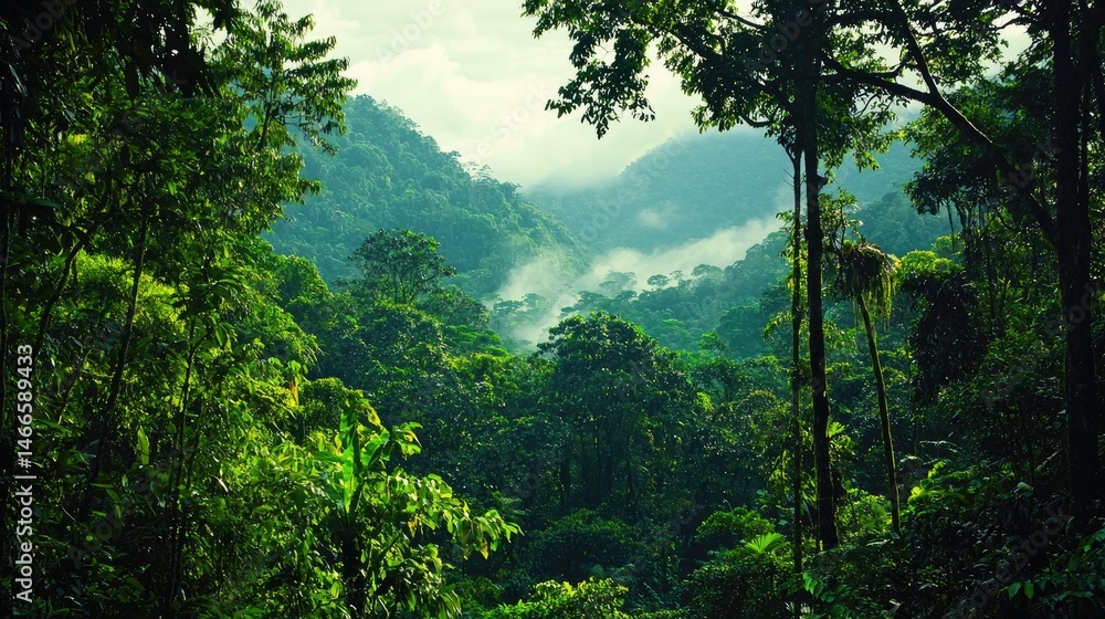 Obraz premium Lush tropical rainforest valley shrouded in mist.