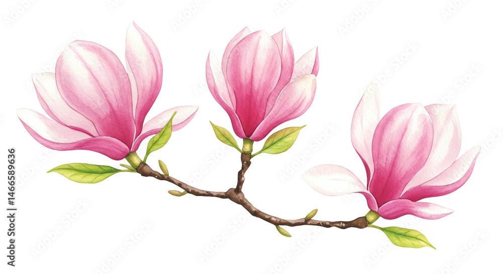 Fototapeta premium Magnolia blossoms on branch watercolor illustration