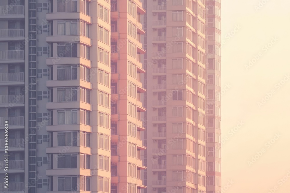 Two tall residential buildings stand side-by-side, bathed in the warm glow of sunrise. Two tall residential buildings stand side-by-side, bathed in the warm glow of sunrise.