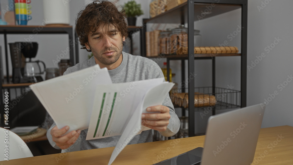 Young man reviewing documents at workplace indoors, suggesting a professional environment featuring an office setup, highlighting a hispanic male in a business setting. Young man reviewing documents at workplace indoors, suggesting a professional environment featuring an office setup, highlighting a hispanic male in a business setting.