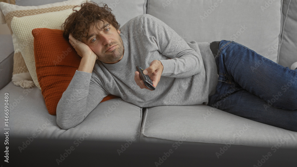 Man relaxing on a sofa with a remote control in a cozy living room appearing thoughtful and focused. Man relaxing on a sofa with a remote control in a cozy living room appearing thoughtful and focused.