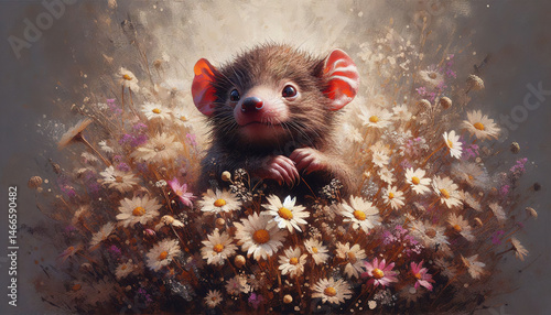 Acrylic, oil, abstract textured painting: expressive, impressionistic wildflowers with a cute baby tasmanian devil. Dusty tones, subtle detail, vibrant, atmospheric.