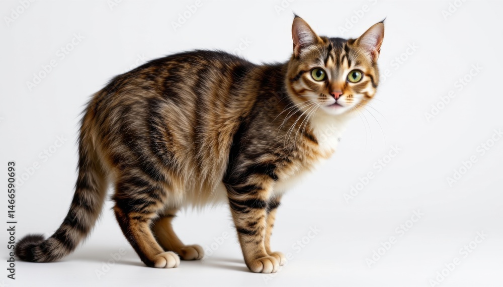 Fototapeta premium Playful tabby cat posing indoors studio photography bright white background animal portrait cute and curious expression