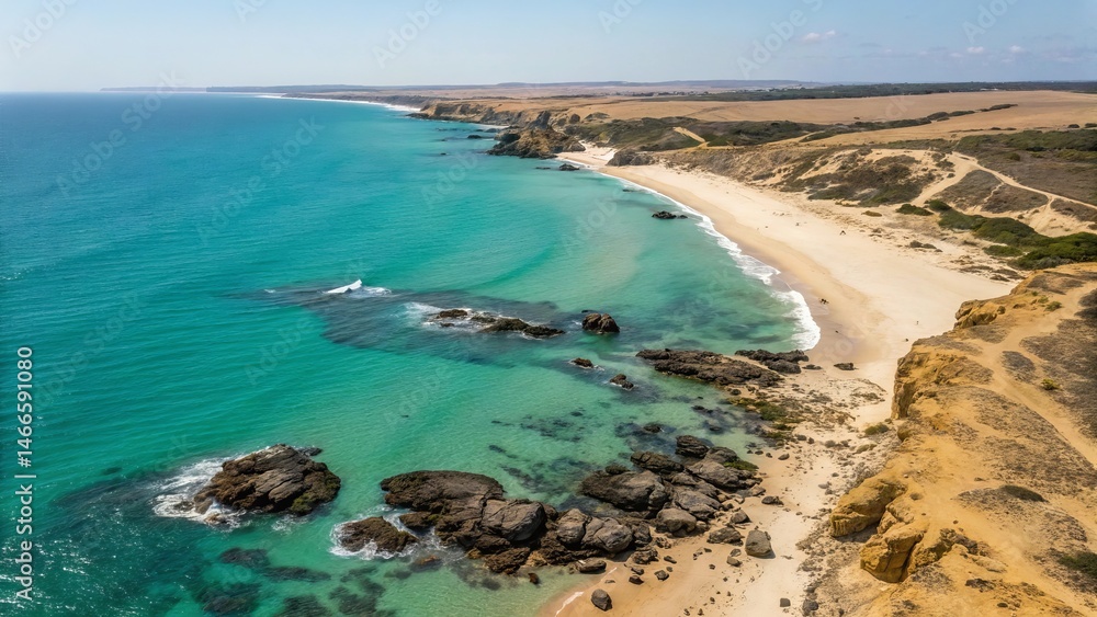 Obraz premium Aerial view of serene turquoise ocean waters meeting sandy coastline and cliffs