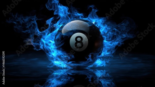 A stunning image of magic nine ball in blue flames. A striking image featuring a black billiard ball with the number eight engulfed in mystical blue fire on a dark background.