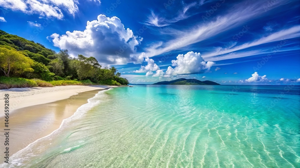 Fototapeta premium Beautiful tropical beach scene with turquoise waters white sandy shoreline and blue skies
