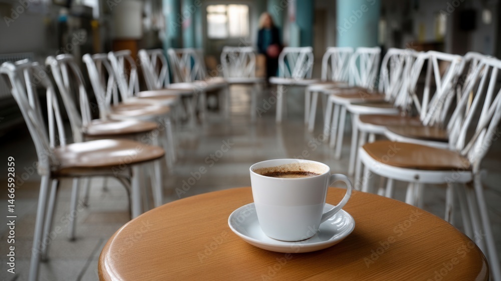 Coffee Cup on Wooden Table in Empty Café or Meeting Room with Chairs and Person in Background Coffee Cup on Wooden Table in Empty Café or Meeting Room with Chairs and Person in Background