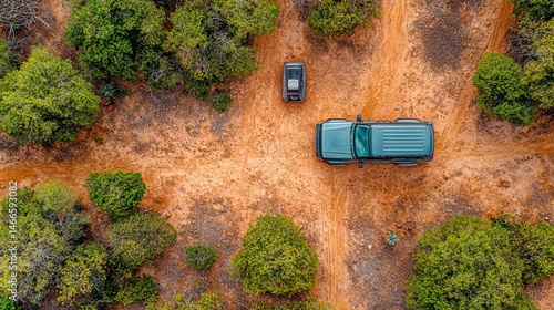 Aerial View of Two SUVs on a Dirt Road in a Lush Green Landscape
