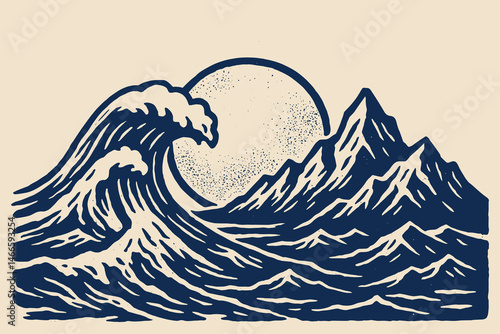 Ocean wave and mountain bold black line drawing