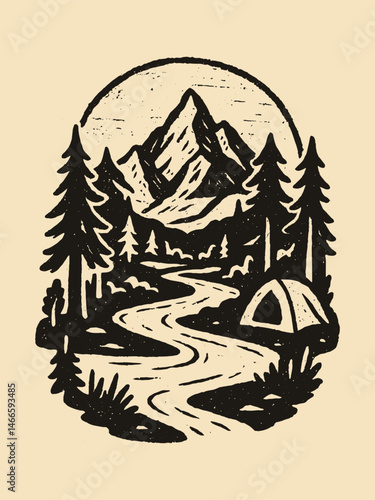 Mountain scene with tent and river bold black lines