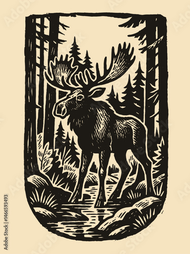 Moose in dense forest woodcut style black on beige