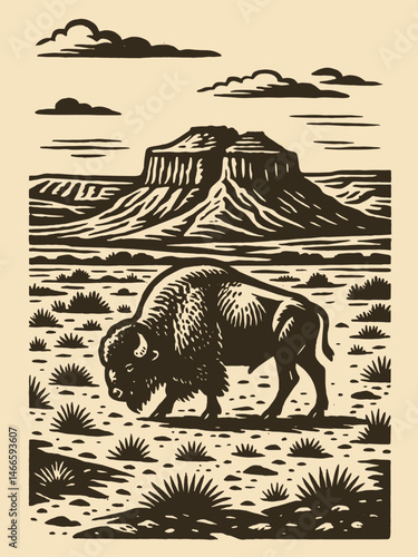 Bison on prairie with mesa vintage woodcut sketch