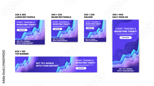 Start Trading & Investing Today. Advertising banners for investing, forex trading and cryptocurrencies. Web banner templates.