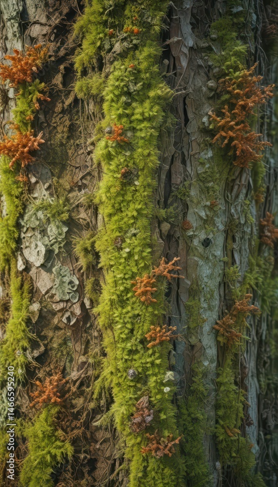 Fototapeta premium Ancient moss-covered tree trunk, intricate lichen textures , tree, image