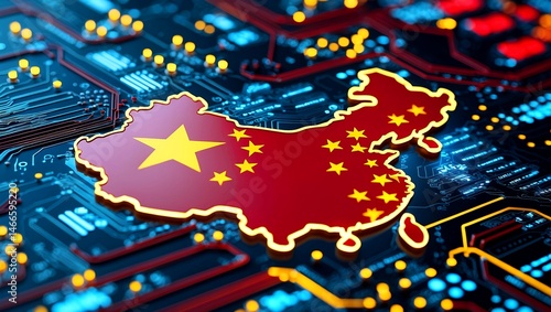 Futuristic china map outline with glowing flag colors