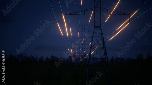 High Voltage Tower With Power Lines Glowing With Energy Trails At Night