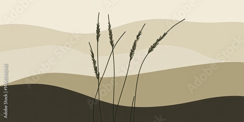Wheat field sunrise calm beige abstract landscape with minimalist art.