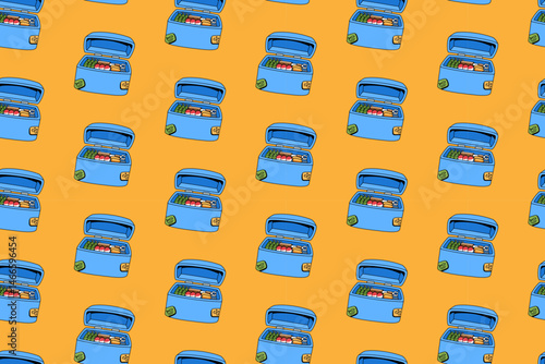 box storage containing fishing equipment with tackle, bobber, lure, spinner colorful doodle illustration seamless pattern on yellow background for fisherman, angling, fishing sport club merchandise