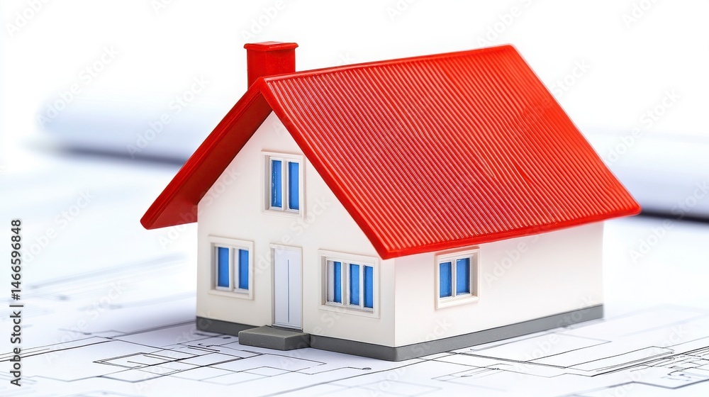 Miniature House Model with Red Roof on Construction Blueprint Background Miniature House Model with Red Roof on Construction Blueprint Background