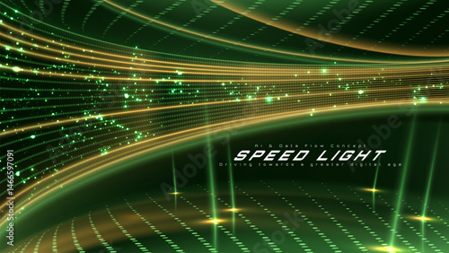 Futuristic technology background with golden dot glowing elements and green speed lights. Hi-tech high speed motion vector illustration design.