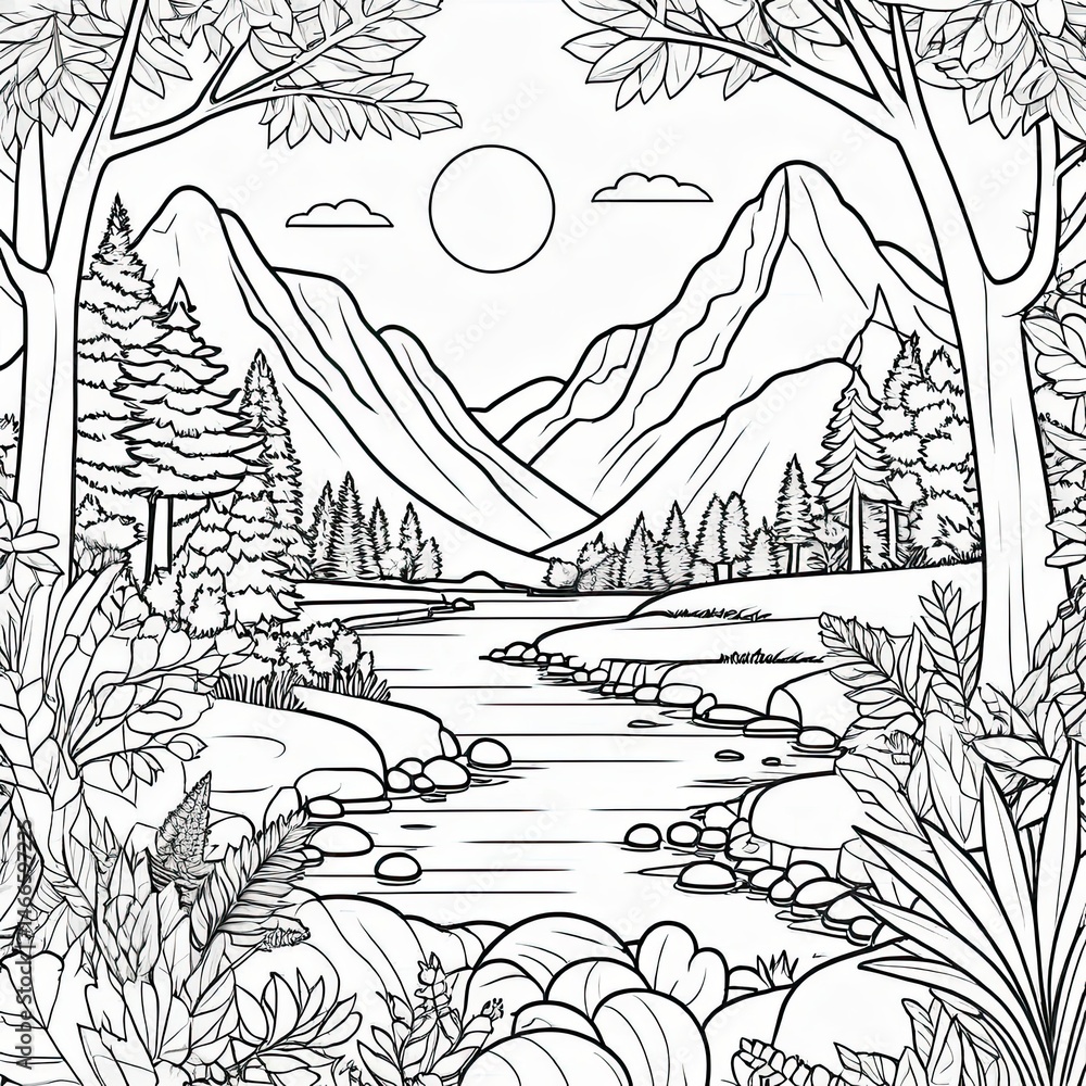 Naklejka premium Serene Black And White Mountain River Landscape Drawing
