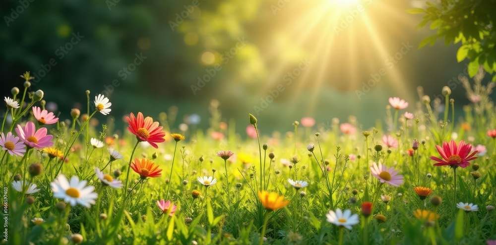 Obraz premium Sunlight dappled meadow bursting with wildflowers , colorful, green, vibrant colors