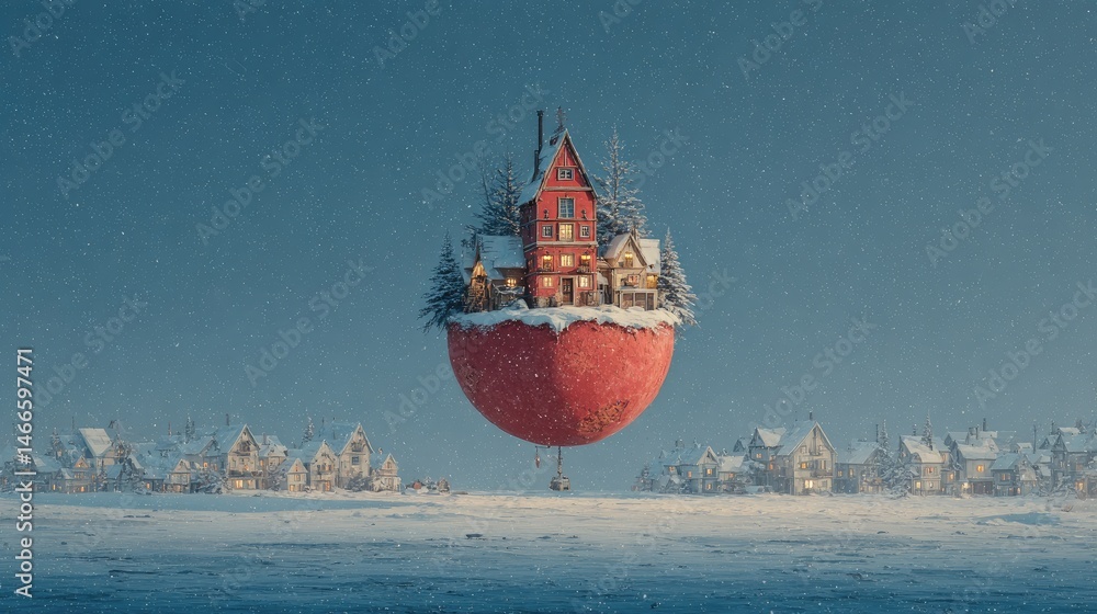 Obraz premium Floating village on red sphere