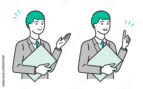 バインダーを抱えて説明するビジネススーツの男性のシンプルな上半身ベクターイラストセット