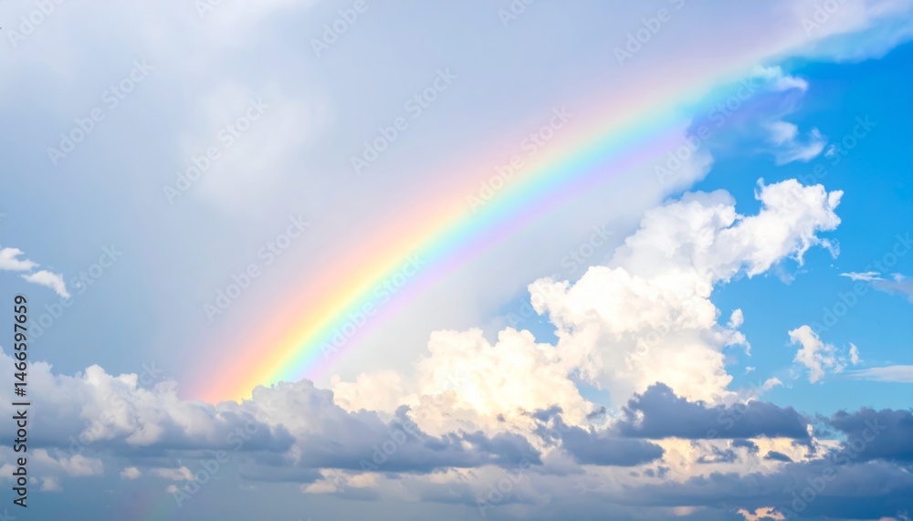 Rainbow arching across a clear blue sky with soft white clouds