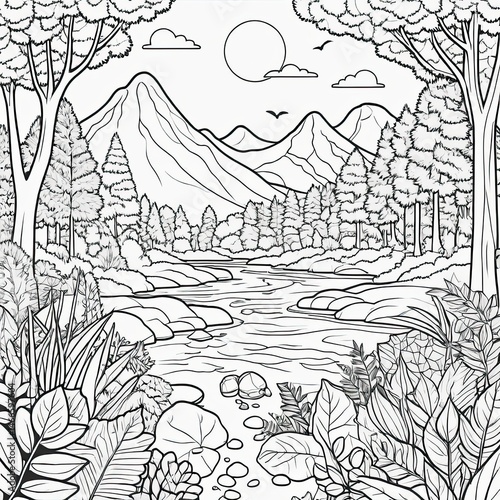 Wallpaper Mural Serene Black And White Mountain River Landscape Drawing Torontodigital.ca