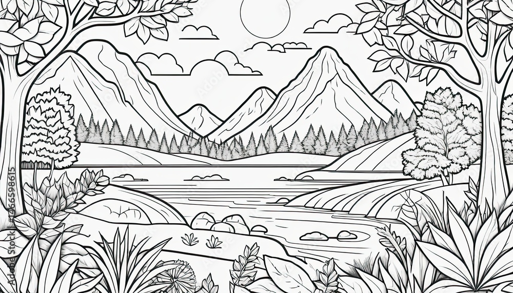 Fototapeta premium Serene Monochrome Landscape Drawing of Mountains and Lake