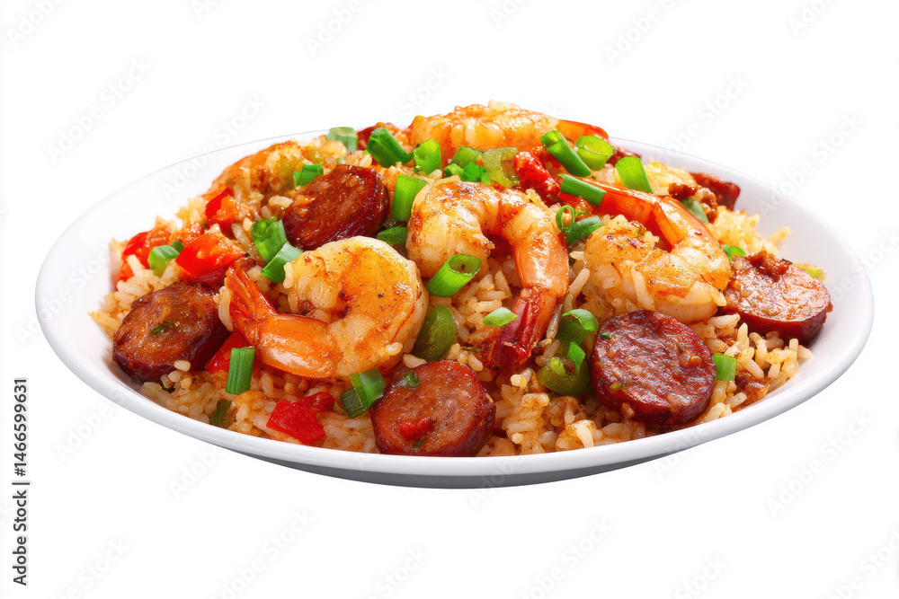 Shrimp and sausage fried rice served with colorful vegetables in a white bowl Shrimp and sausage fried rice served with colorful vegetables in a white bowl