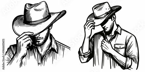 Cowboy Adjusting hat brim. Western rodeo Outline Clipart line art doodle vector illustration. Rancher fixing headwear edge rural west attire gesture under sunlight.