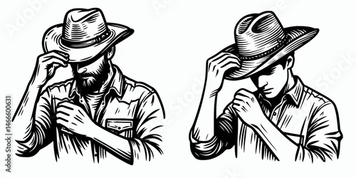Cowboy Adjusting hat brim. Western rodeo Outline Clipart line art doodle vector illustration. Rancher modifying headwear border attire mannerism in rural fashion.