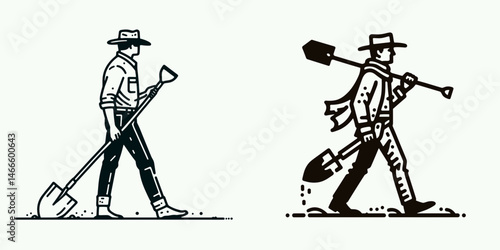 Cowboy Carrying a shovel. Western rodeo Outline Clipart line art doodle vector illustration. Rancher toting spade rural occupation farmland implement vocation.