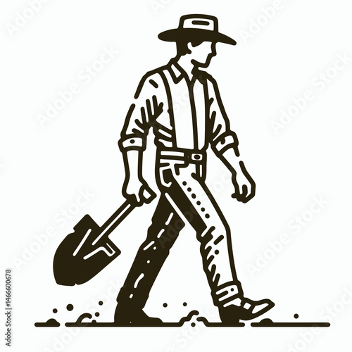 Cowboy Carrying a shovel. Western rodeo Outline Clipart line art doodle vector illustration. Rancher toting scoop rural occupation implement agrarian lifestyle concept.